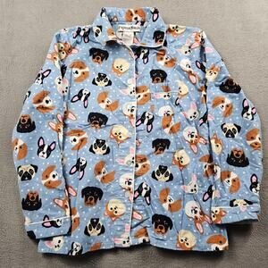 Pajama Mania Dog Flannel Top Women M Blue Long Sleeve Button Puppy